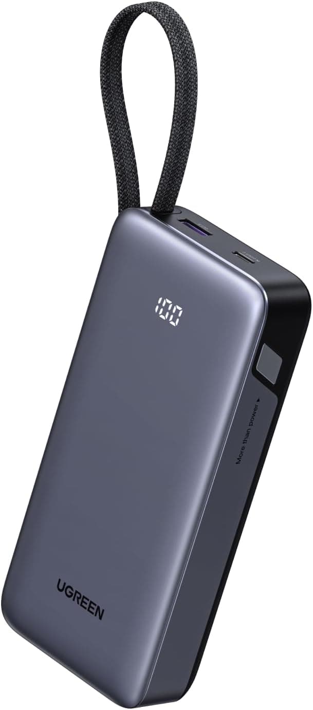 UGREEN Nexode Power Bank with Built-in Cable 20000mAh 45W In & Out Fast Charging 3-Way Output Portable Charger Mobile Phone Battery Pack Compatible with Galaxy S25, iPhone Air/17/16, iPad, Laptop