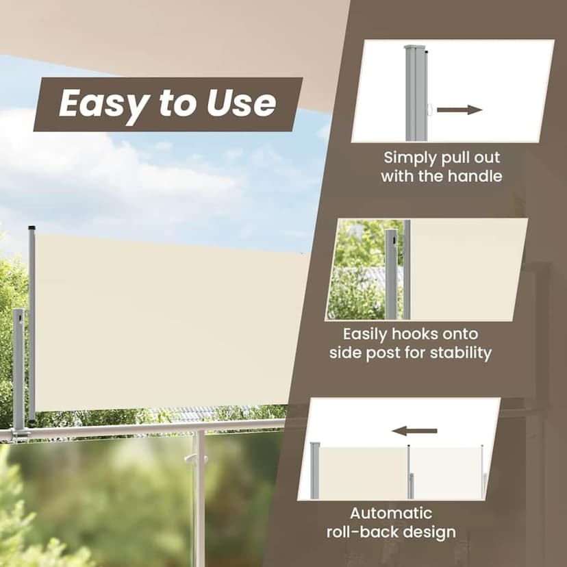 vidaXL Patio Retractable Side Awning 100x300cm Cream Garden Screen Canopy - 7