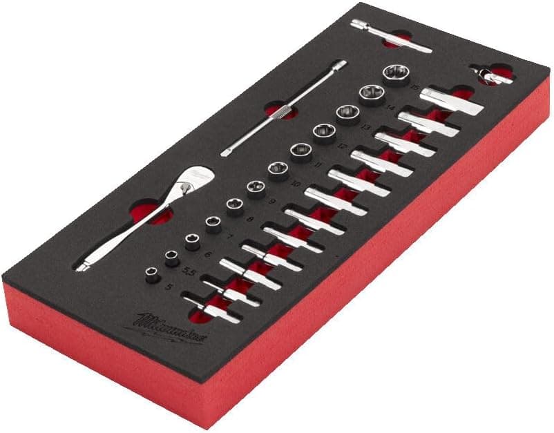 Milwaukee Set di chiavi a cricchetto da 1/4", inserto in schiuma per carrello da officina da 30", 28 pezzi