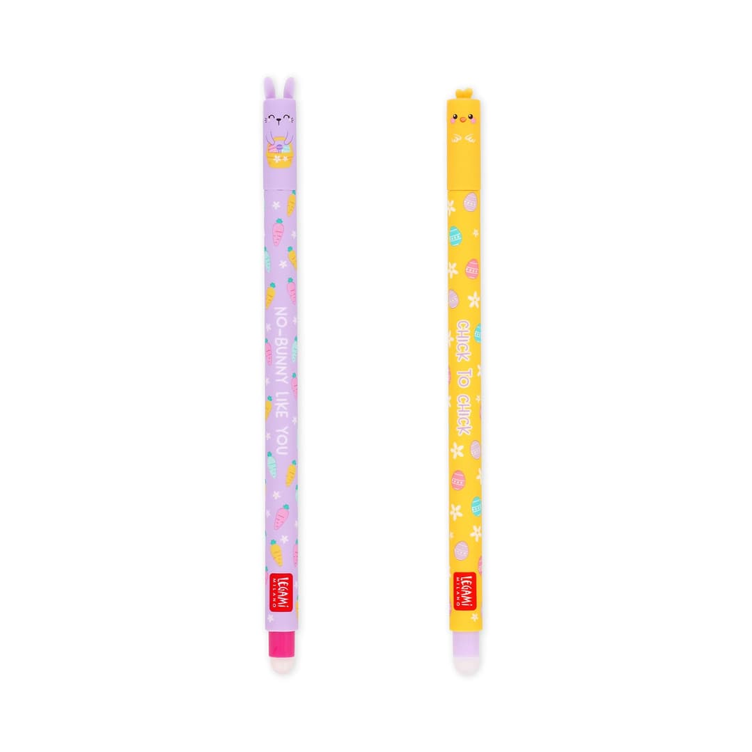 Legami - Set de 2 Stylos Gel Effaçables Édition de Pâques, Rose et Violet, Pointe 0,7 mm