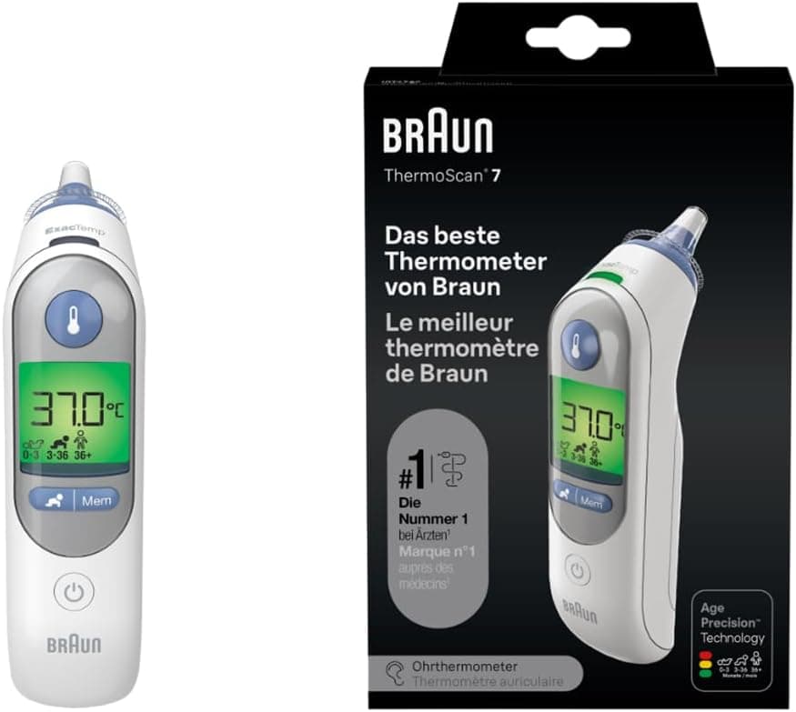 Braun ThermoScan 7 Termómetro de oído, Tecnología Age Precision, Pantalla digital codificada por colores, Apto para bebés y niños pequeños, La marca #1 entre los médicos(1)