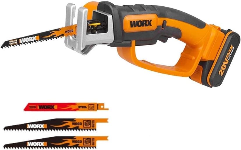 WORX Scie Sabre sans Fil 20V WG894E, Jusqu'à 60mm dans le Bois, Course de 16mm, Multimatériaux, Coupe le Bois et l'Acier, Compacte et Légère, Avec 1 Batterie 2Ah, Chargeur et 3 Lames - 1