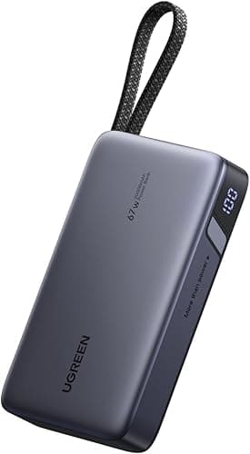 UGREEN Nexode 67W Power Bank Fast Charging 20000mAh with Built-in USB C Cable 3-Way Output Portable Charger 65W Input Battery Pack Compatible with Laptop, iPad, iPhone 17/16, Galaxy S25, Redmi, Poco