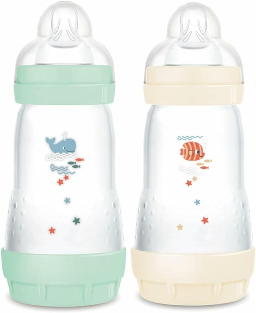 MAM | Lot de 2 biberons Easy Start Anti-Colique 2+ mois débit moyen (2 x 260 ml) Menthe + Coton – Biberon pour réduire les coliques et l'inconfort de bébé – Biberon bébé compatible avec l'allaitement - 1