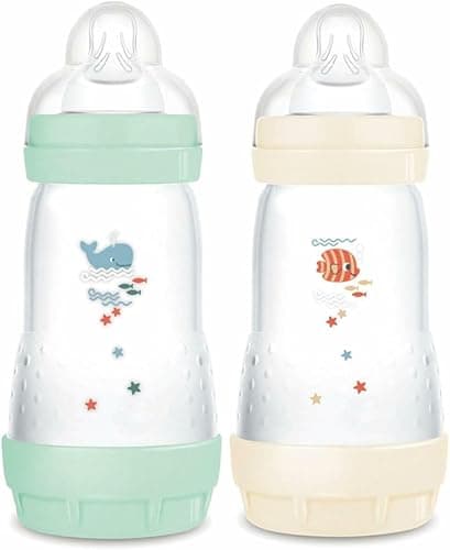 MAM | Lot de 2 biberons Easy Start Anti-Colique 2+ mois débit moyen (2 x 260 ml) Menthe + Coton – Biberon pour réduire les coliques et l'inconfort de bébé – Biberon bébé compatible avec l'allaitement