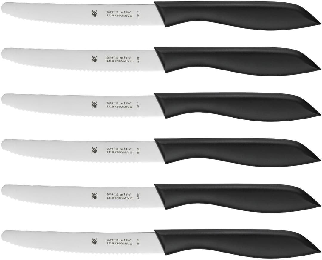 WMF 1896499990 Vesper Set de 6 couteaux Pièces Noir Longueur de la lame dentelée Lame en acier spécial Noir Poignée en plastique 11 cm, Acier inoxydable, Black, 23 cm, 6 unités