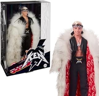 Barbie THE MOVIE, Ken Doll wearing Faux Fur Coat and Black Fringe Vest, fingerless gloves and gold tone chain, HRF31