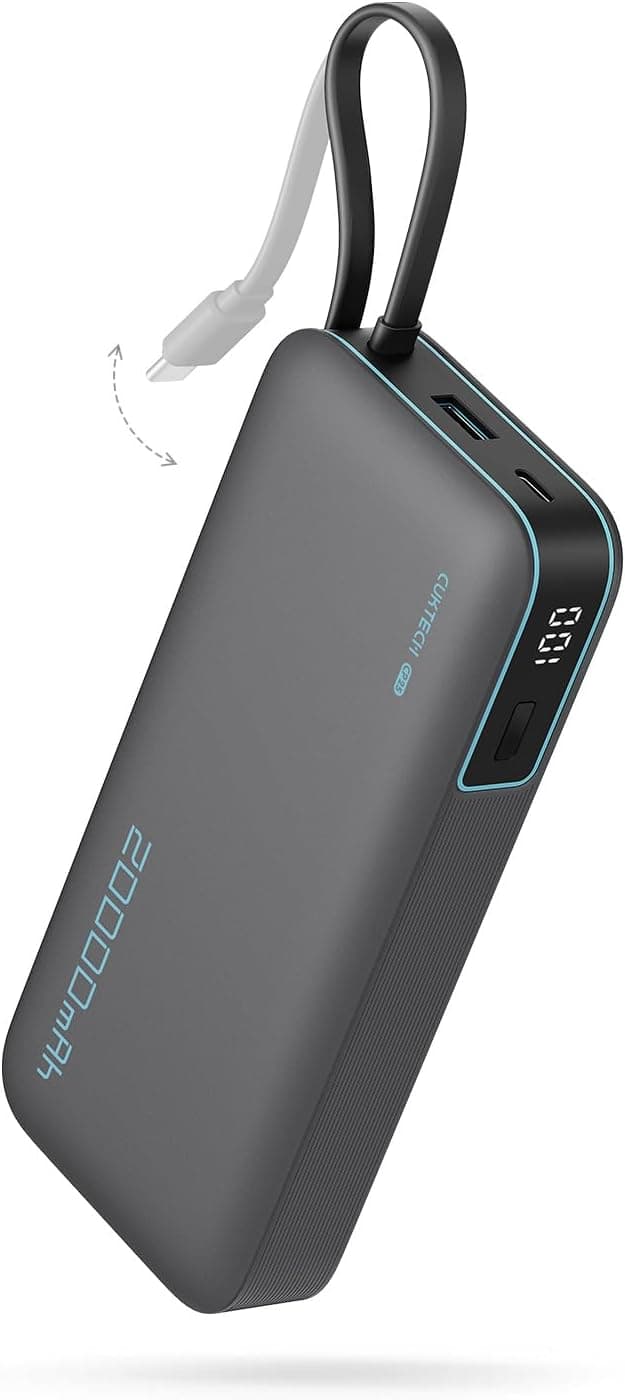 CUKTECH 45W Power Bank, 20000mAh Portable Charger with Built in USB C Cable, Fast Charging Battery Pack with 3 Output 2 Input for iPhone16 Series, Samsung, Pixel, iPad and More (Black) - 1