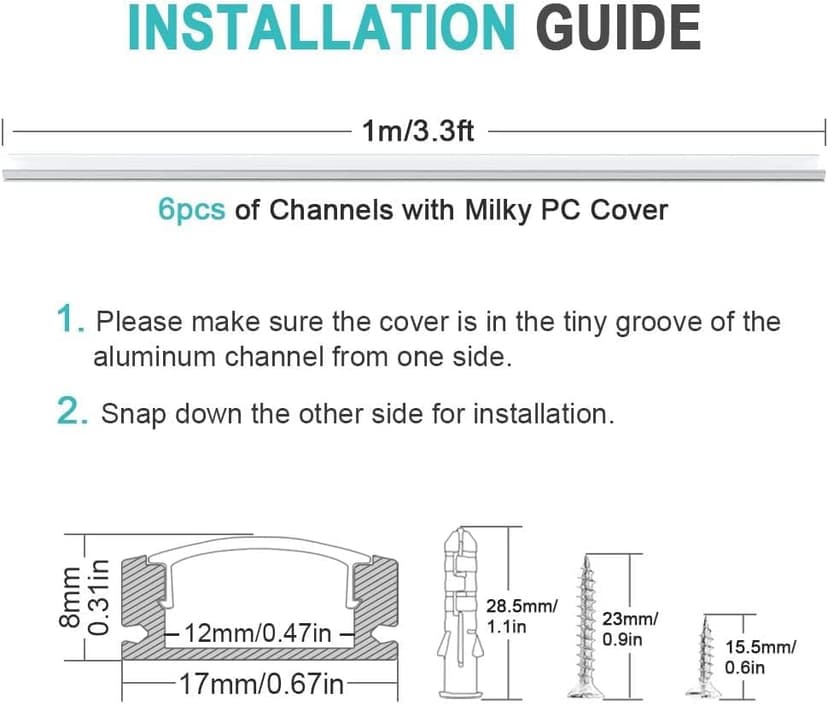 Chesbung 6 Pack U Shape Led Aluminum Profile for LED Strips, 1Meter/3.3ft Led Aluminum Channel with Milky White Cover, Led Track Diffusers with End Caps, Mounting Clips and 90 Degree Corner Connector - 7