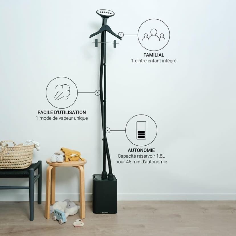 SteamOne - Familys EUKID190B Vertical Garment Steamer - Iron Tank 1.8L Power 1900W - Efficient and Easy to Use - Ironing Delicate Fabrics - French Company - 3