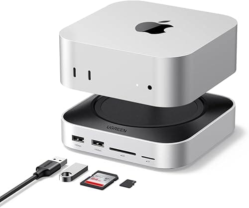 UGREEN Station d'accueil et Support pour Mac Mini M4 et M4 Pro Docking Station Hub USB C avec Boîtier M.2 NVME SSD DisplayPort 4K 240Hz 144Hz 5 USB 3.2 4A1C 10Gbps Fente SD TF 3.5mm Aux