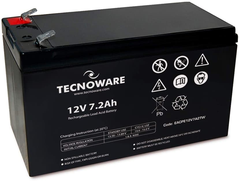 Tecnoware Power Systems - 12V Charge 7.2 Ah Lead-Acid Sealed Battery, for UPS, Video Surveillance and Alarm Systems, 2.5 Inch Faston Connection, Long Lasting, No Maintenance, Bianco, Size 7.2 Ah - 4