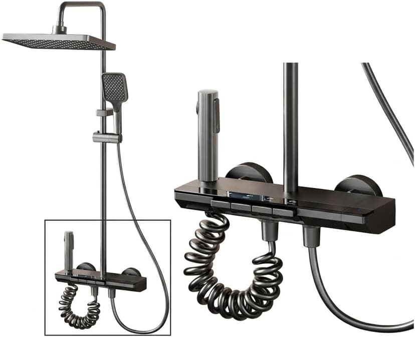 INEX EUROPA Colonne de Douche Noire Gris Titane avec Tête Carrée - Colonne de Douche 4 Modes et Hauteur Réglable - Tête de Douche, Jet, Robinet et Pommeau de Douche - Garantie 10 Ans - 1