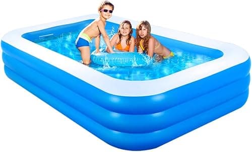 GALAXYER Inflatable Paddling Pool, 3 Rings Large Rectangular Family Swimming Center for Kids Toddlers Adult, Indoor Outdoor Garden Swimming Pool, 205 × 125 × 45 CM