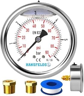 Hansfelds Pressure Gauge 0–6 bar/psi, 63 mm Dial, Stainless Steel Case, Brass G1/4" BSP Back Connection, Liquid Filled (Glycerin Filled), Accuracy 1.6, incl. 2 Reducers to 3/8" and 1/2".