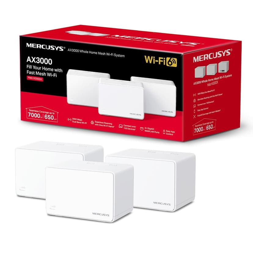 Mercusys Halo H3000X Mesh WiFi System, Wi-Fi 6 AX3000 Dual Band Router & Repeater, 3 Gigabit Ports, MU-MIMO, WPA3, Child Lock, Suitable for 3-5 Bedroom Homes - 1
