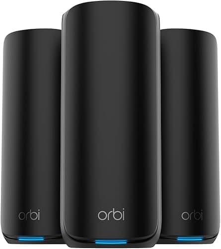 NETGEAR Orbi 870 Series | WiFi 7 Mesh System | RBE873B | Wireless Router + 2 Satellites | Up to 21 Gbps | Covers 7,500 sq. ft. | Connects up to 150 devices | Tri-band BE21000 | 10 Gig Internet Port