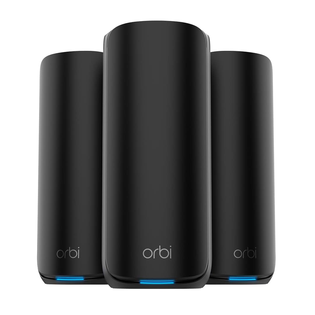 NETGEAR Orbi 870 Series | WiFi 7 Mesh System | RBE873B | Wireless Router + 2 Satellites | Up to 21 Gbps | Covers 7,500 sq. ft. | Connects up to 150 devices | Tri-band BE21000 | 10 Gig Internet Port