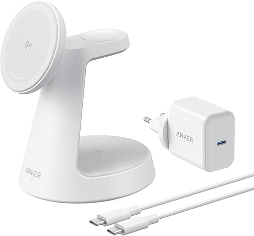 Anker MagGo Chargeur Induction iPhone 3 en 1 MagSafe 15W (Socle), Chargeur sans Fil Certifié Qi2 Compatible MagSafe, pour iPhone 17/16/15/14, Apple Watch, AirPods Pro, et Plus (Adaptateur fourni)