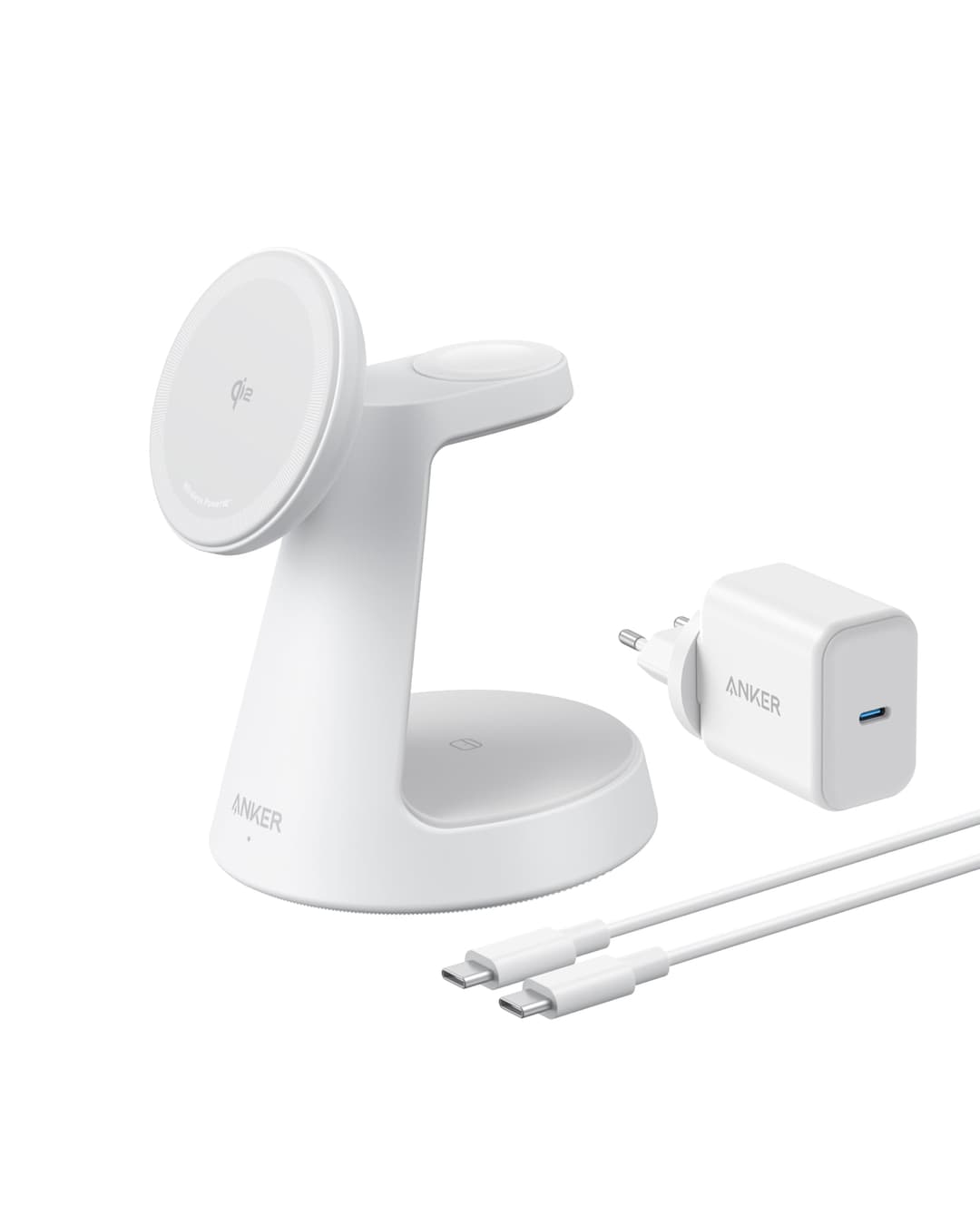 Anker MagGo Chargeur Induction iPhone 3 en 1 MagSafe 15W (Socle), Chargeur sans Fil Certifié Qi2 Compatible MagSafe, pour iPhone 17/16/15/14, Apple Watch, AirPods Pro, et Plus (Adaptateur fourni)