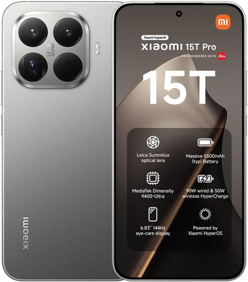 XIAOMI 15T Pro, Smartphone 12 + 512 GB, 6.83 Inch 144 Hz Eye-Friendly Display, MediaTek Dimensity 9400+, 50MP Leica 5X Pro Telephoto Lens, 5500 mAh, Titanium - 1