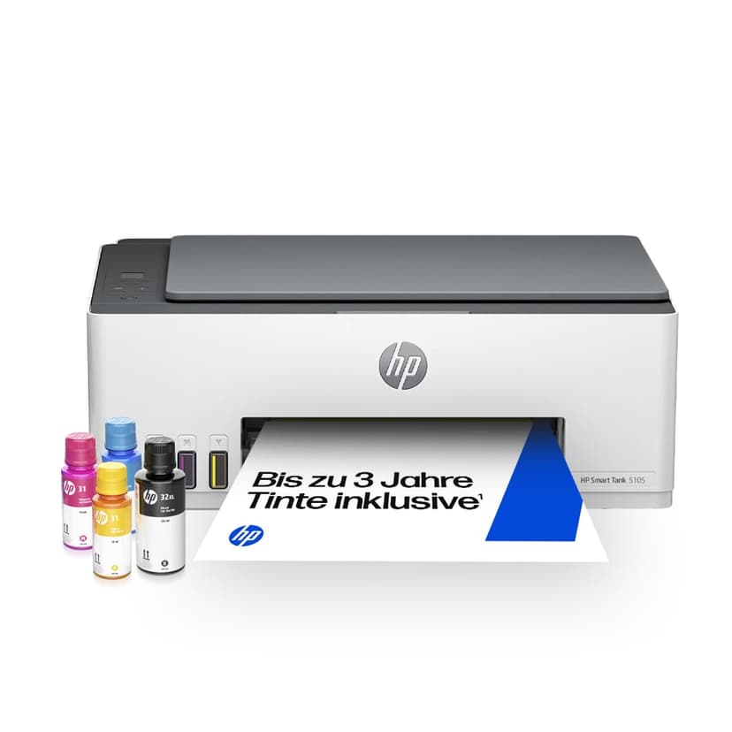 HP Smart Tank 5105, 1F3Y3A, Imprimante à réservoir Tout en Un, Jet d'encre Couleur, Photocopie, Scan, Impression A4, Compatible Smart, AirPrint, WiFi, Grise - 1
