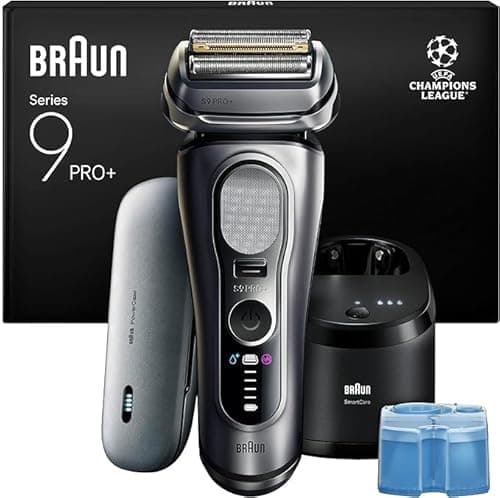 Braun Rasoir Electrique Homme Series 9+ PRO 9677CCE Argent, Etanche, Lames De Précision Ultra-Fines Et Tondeuse Pro Trimmer Pour Bien Raser La Barbe, Coffret Rasage Avec Station De Nettoyage Et Etui