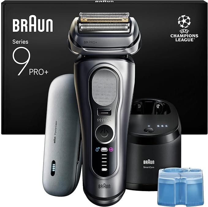 Braun Rasoir Electrique Homme Series 9+ PRO 9677CCE Argent, Etanche, Lames De Précision Ultra-Fines Et Tondeuse Pro Trimmer Pour Bien Raser La Barbe, Coffret Rasage Avec Station De Nettoyage Et Etui