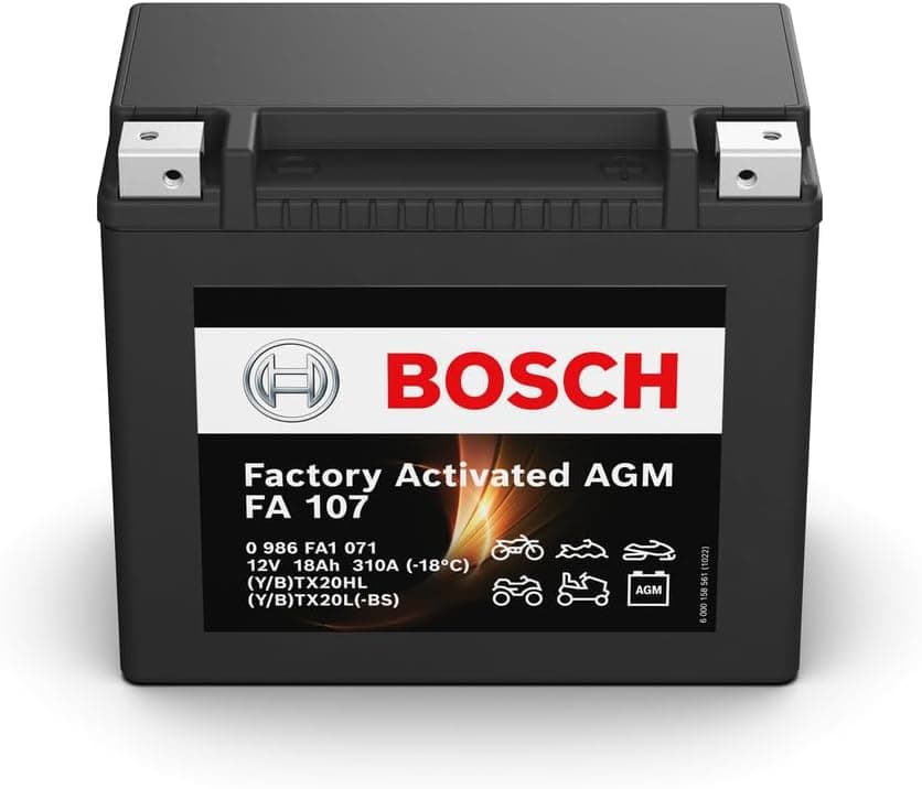 Bosch FA107 - AGM Motorcycle Battery - 12V 310A 18Ah - Suitable for motorcycles, motorbikes, enduros, scooters, quads, jet skis - Compatible M6023, BTX20HL, BTX20L-BS, BTX20L