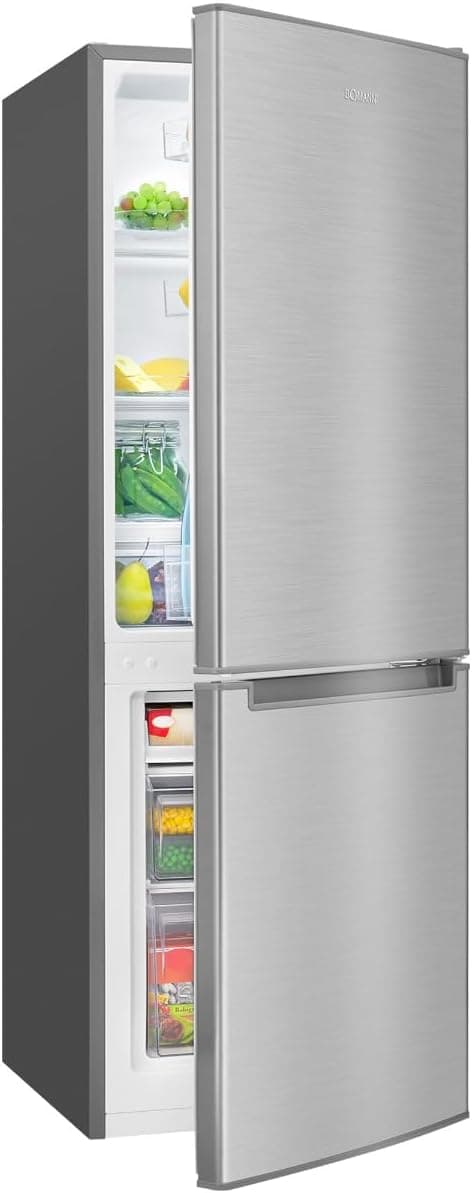 Bomann, 173L Stainless Steel Fridge Freezer KG7359 121L Refrigerator Freezer 52L LED Lighting Temperature Control Opening Alarm Energy Saving 142.5x