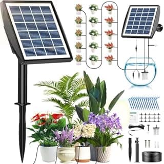 Solar Irrigation System, Automatic Watering System with Lack of Water Alarm, with Timer and 15 m Hose, for Garden, Balcony, Plants, Outdoors, Vegetables