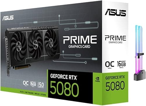 ASUS Prime GeForce RTX 5080 OC Edition Triple Fan Graphics Card, 16GB GDDR7, 1827 AI Tops, 5th Gen Tensor Cores, DLSS 4, PCIe 5.0, DP 2.1b x3, HDMI 2.1b, with GPU Holder