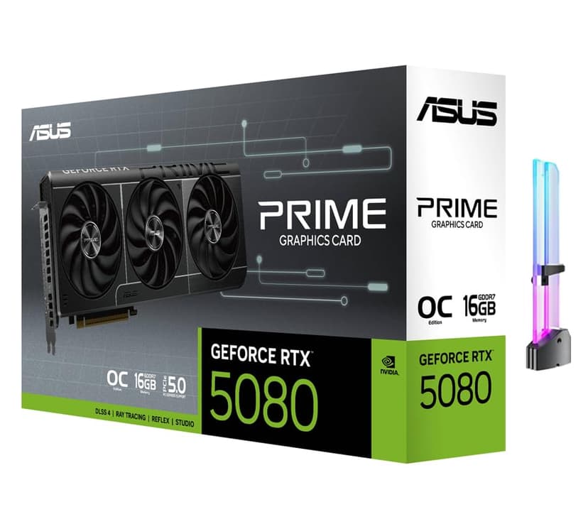 ASUS Prime GeForce RTX 5080 OC Edition Triple Fan Graphics Card, 16GB GDDR7, 1827 AI Tops, 5th Gen Tensor Cores, DLSS 4, PCIe 5.0, DP 2.1b x3, HDMI 2.1b, with GPU Holder - 1