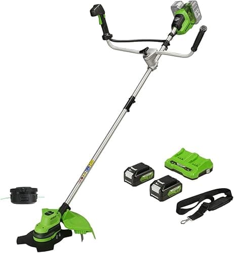Greenworks 48V (24V x 2) Cordless Brushcutter with Grass Trimmer, 38cm Cutting Width, Bike Handle, 5.95kg Easy to use, 25cm Blade, Two of 24V 4Ah Batteries & Charger, 3 Year Guarantee