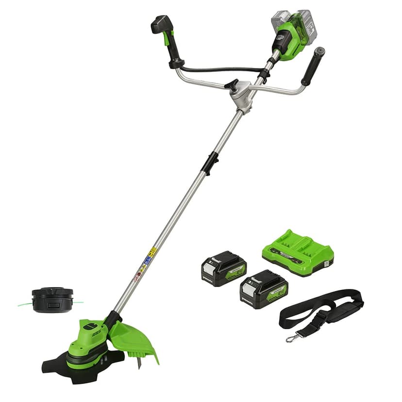 Greenworks 48V (24V x 2) Cordless Brushcutter with Grass Trimmer, 38cm Cutting Width, Bike Handle, 5.95kg Easy to use, 25cm Blade, Two of 24V 4Ah Batteries & Charger, 3 Year Guarantee - 1