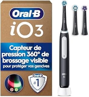 Oral-B Brosse à Dents Electrique iO 3, 3 Brossettes de Rechange, Noire – 3 Modes de Brossage Silencieux dont Douceur et Blancheur, Capteur de Pression sur les Gencives, Batterie Rechargeable - 1