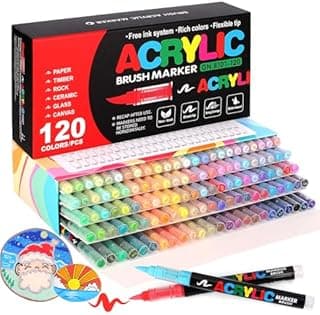 Laconile 120 Couleurs Feutre Acrylique, Stylos Acryliques à Pointe Pinceau pour le Coloriage Adulte ，Acrylic Paint Markers pour Coloriage, Calligraphie, Bois, Toile, Verre, Céramique