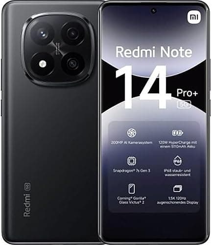 Xiaomi Redmi Note 14 Pro+ 5G Smartphone, 8GB RAM 256GB, 6.67-inch 1.5k AMOLED Display, Fingerprint Sensor, 200MP Digital Camera, Dual SIM, 5G, NFC, 120W Fast Charge, Black