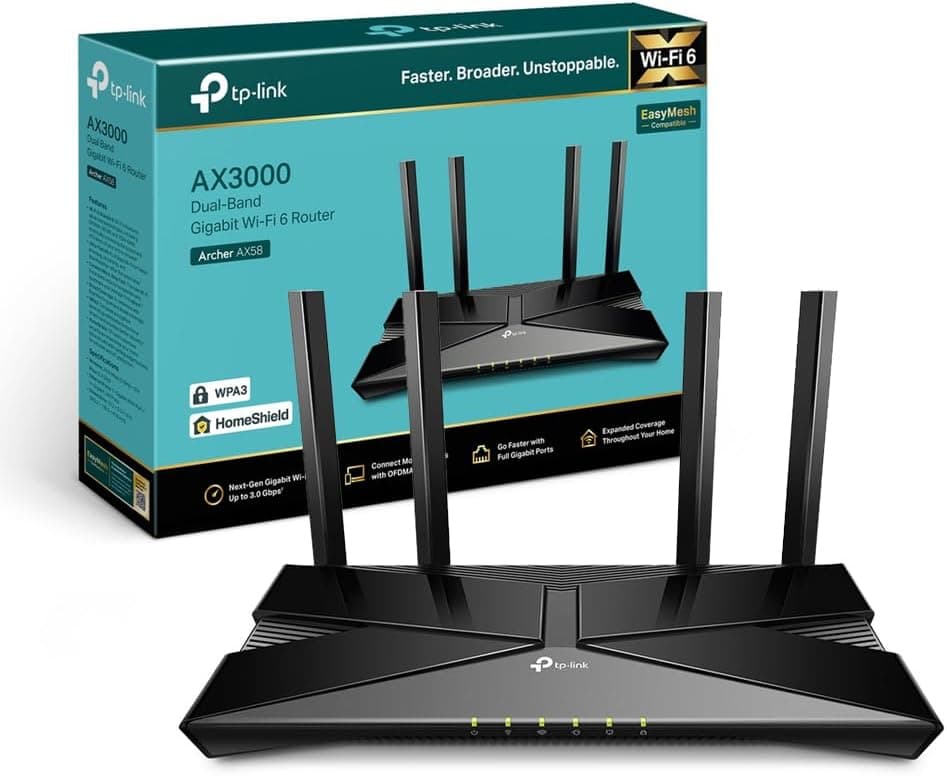 TP-Link AX3000 Dual Band WiFi 6 Router, 5 Gigabit Ports, 4 Antennas, OneMesh, WPA3, Parental Control, Built-in Antivirus, Archer AX58