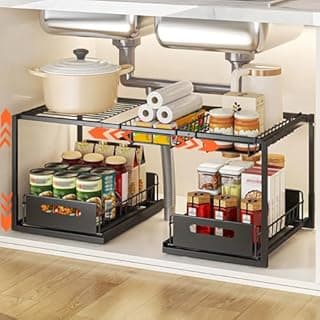 YunNasi Rangement Sous Evier, Extensible Organisateur à 2 Niveaux en Métal, Hauteur Réglable Coulissant Tiroir Étagères pour Placard Meuble Cuisine Salle Bain(Noir, B-Style) - 1