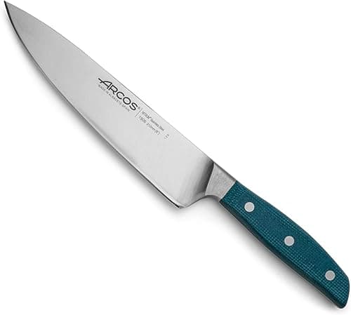 Arcos Couteau de Chef Forgé en Acier Taille 8 Pouces, Manche Micarta Professionnel & Bord en Soie Spécial et lame Argentée de 210 Mm, Impressionnez àChaque Coupe, Série Brooklyn, Couleur Bleue,