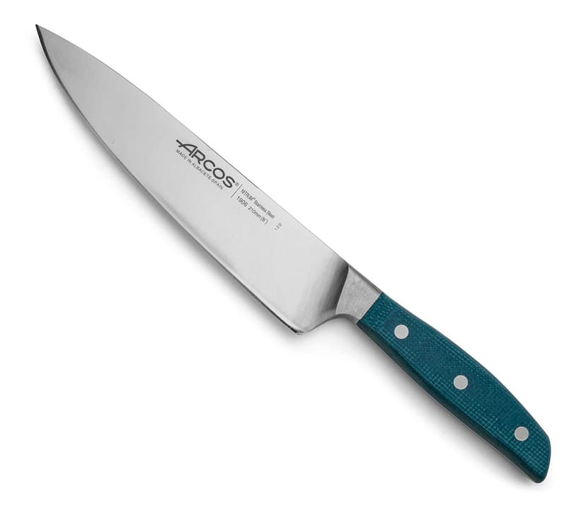 Arcos Couteau de Chef Forgé en Acier Taille 8 Pouces, Manche Micarta Professionnel & Bord en Soie Spécial et lame Argentée de 210 Mm, Impressionnez àChaque Coupe, Série Brooklyn, Couleur Bleue, - 1