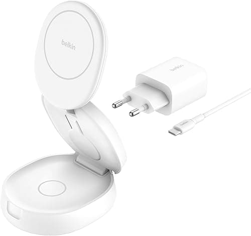 Belkin BoostCharge Station de Charge 3-en-1 Pliable, Chargeur Induction Compatible MagSafe, certifié Qi2, 15 W, pour iPhone 17, Air, Apple Watch, AirPods, Pixelsnap, Adaptateur 36W Inclus - Blanc