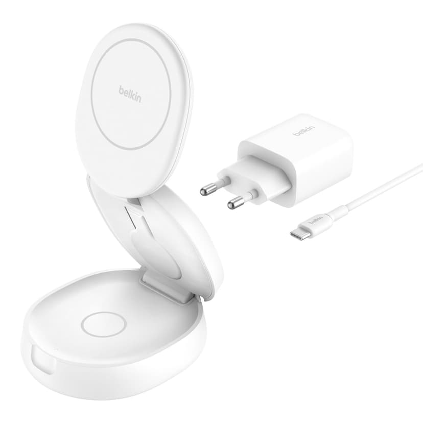 Belkin MagSafe-Compatible Charger, 3-in-1 Convertible Wireless Charging Station, Qi2-Certified 15W Wireless Charger for iPhone 16, Apple Watch, AirPods with Non-Slip Base, 36W Plug Included - White - 1