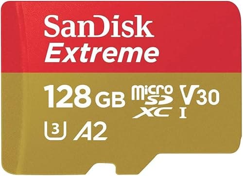 SANDISK Extreme microSDXC card 128GB + SD Adapter (for Action Cams and Drones, up to 190 MB/s, with A2 App Performance, RescuePRO Deluxe, UHS-I, Class 10, U3, V30)