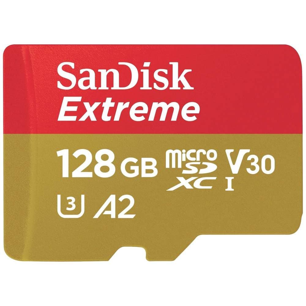 SANDISK Extreme microSDXC card 128GB + SD Adapter (for Action Cams and Drones, up to 190 MB/s, with A2 App Performance, RescuePRO Deluxe, UHS-I, Class 10, U3, V30)