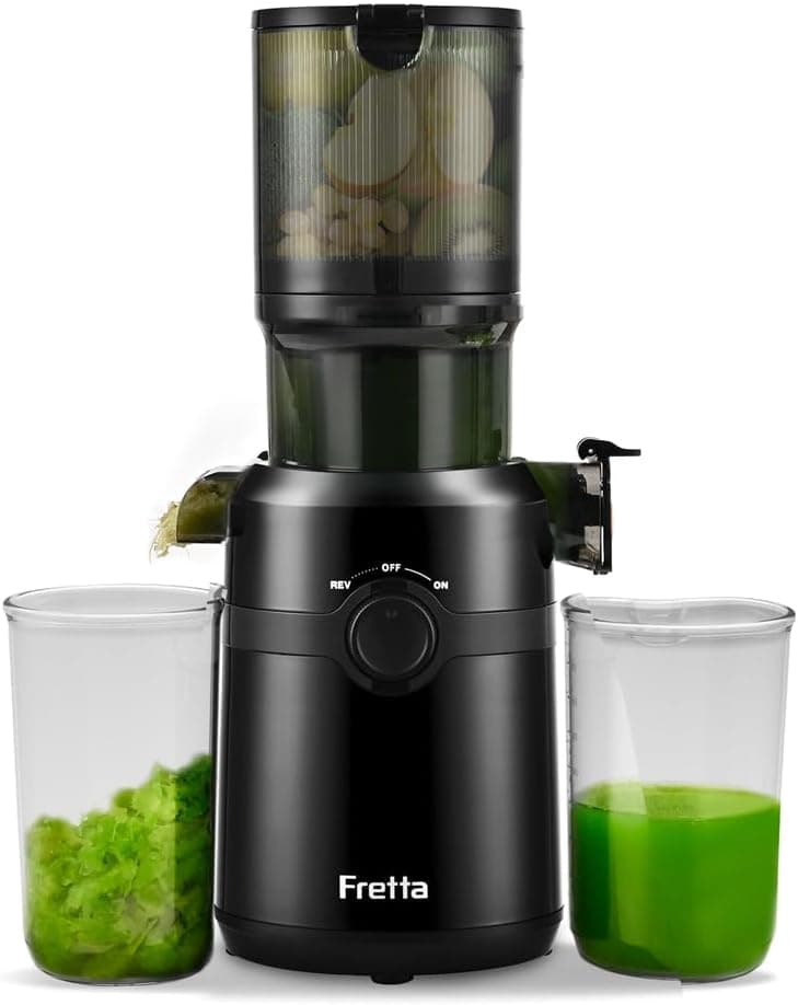 FRETTA Juice Extractor, Cold Juicer with 108 mm for Whole Fruits and Vegetables, 1.0 L, 200 W Juice Extractor with Double Filter, Easy to Clean, BPA-Free, Black