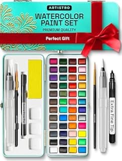 ARTISTRO 50 Watercolour Paint Set - Vivid Colors in Portable Box, Including Palette, Metallic and Fluorescent Colors - Perfect Travel Watercolour Set for Artists, Amateur Hobbyists and Painting Lovers