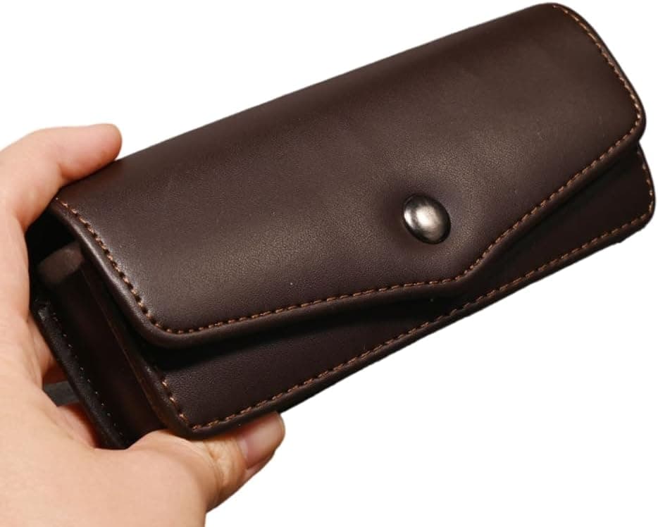 Tohrugue Hard Black Leather Glasses Case, Portable Glasses Case, Glasses Case Can Wear a Belt for Men and Women, dark brown, One size