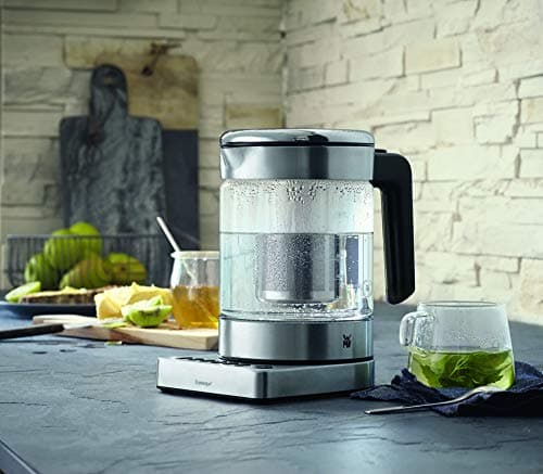 WMF KITCHENminis Bouilloire théière électrique en verre, 1 L, 1900 W, 5 niveaux de température, Maintien au chaud, Sans Fil, Qualité Schott Duran, Filtre thé intégré, Design Inox & Compact 0413180012 - 2